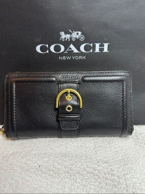 NWT COACH Black Leather Wallet with Gold-Tone Buckle